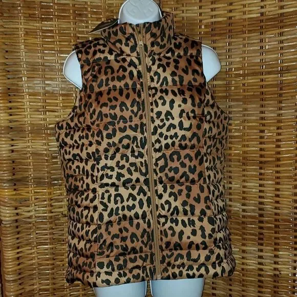 Lands End Down Puffer Leopard Vest S NEW