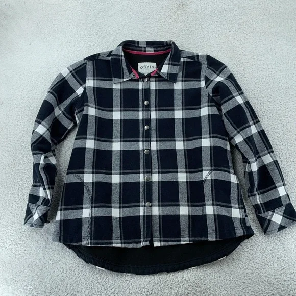 Orvis Fleece Lined Shirt Jacket Womens XL Greyscale Plaid‎ Black Snap Shacket