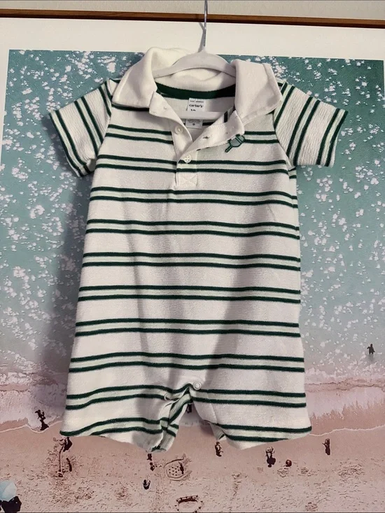 Carter's White and Green Striped Polo One-Piece pickleball Romper