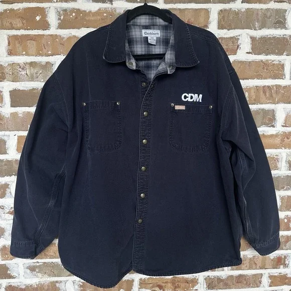 Carhartt‎ Shirt Jacket Men's 2XL Navy Blue Canvas Flannel Lined CDM Logo Company