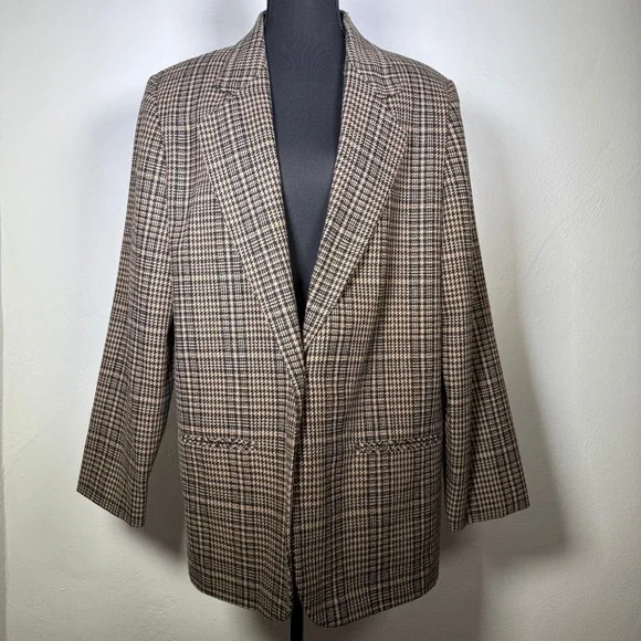 Vintage Sag Harbor Blazer Womens 14 Brown Black Houndstooth Academia Wool Grunge