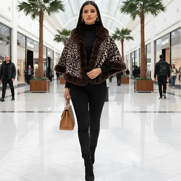 Vince Camuto OS Open Neck Leopard Print Fur Trim Shawl V4642533 – One‎ Size
