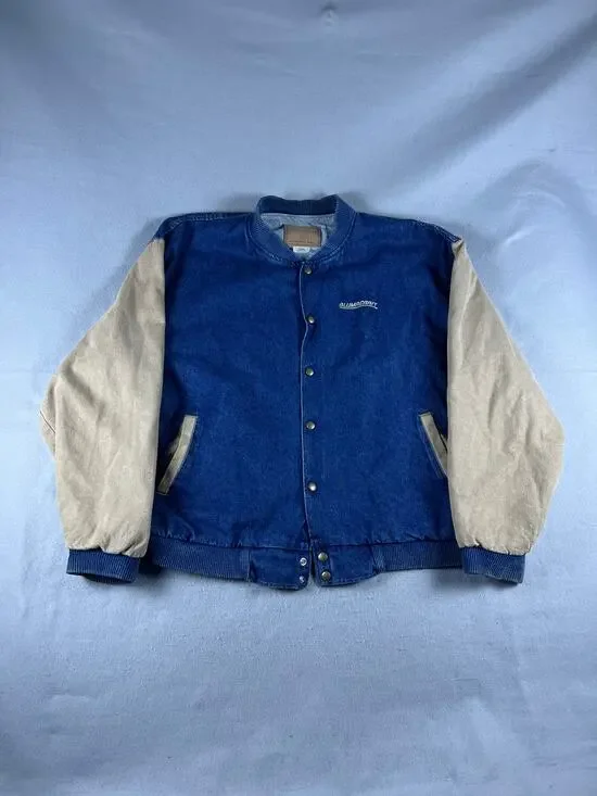Vintage Three Rivers Varsity Jacket Mens XL Blue Tan Alumacraft Denim Bomber USA