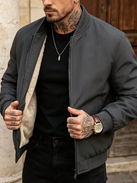 Dark Grey Casual Men's Regular Fit Thermal-Lined Collar Bomber Jacket