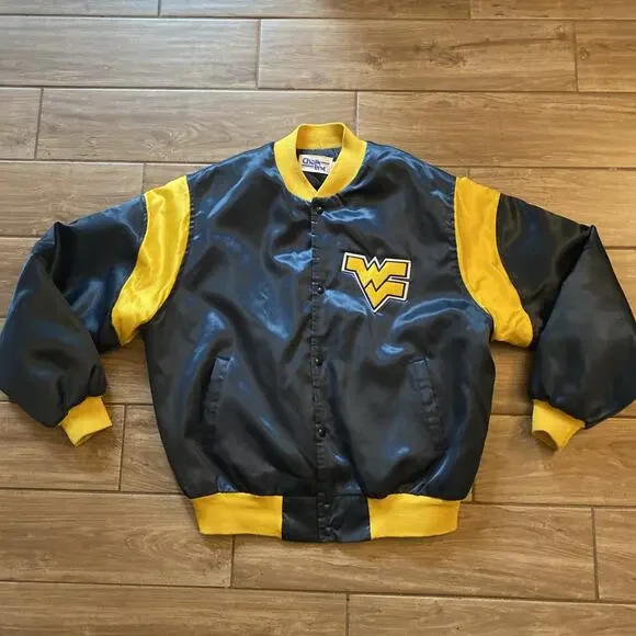 Vintage West Virginia Mountaineers Satin Jacket 80s Mens XL Navy Blue Bomber USA