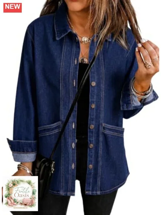 Women's Oversized Denim Jacket with Patch Pockets & Button Front