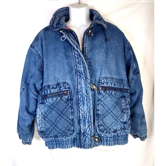 Vtg London Towne Mens Jean Denim Barn Chore Blanket Lined Jacket Sz L Toggle Zip