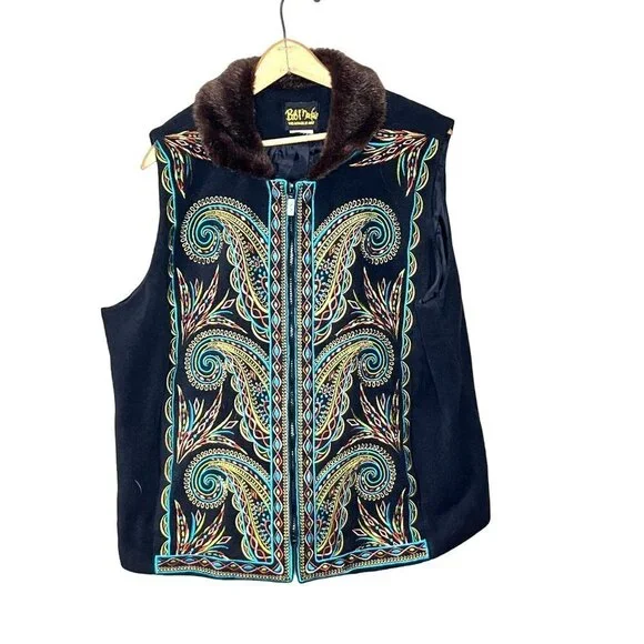 Bob Mackie Wearable Art Faux‎ Fur Collar Embroidered Vest- Size 1x
