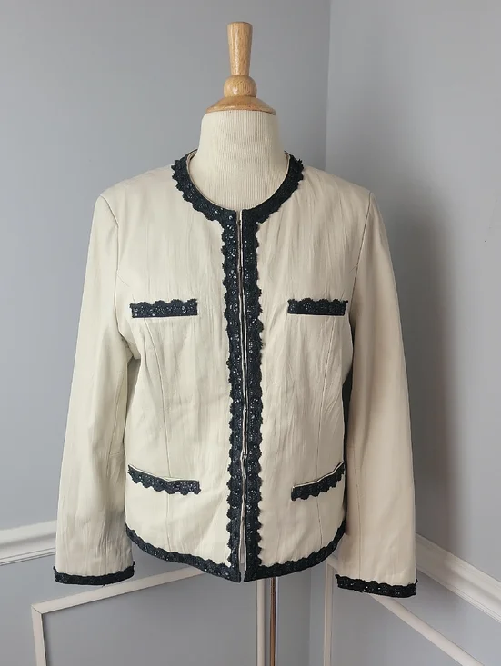 PAMELA DENNIS Cream White Black‎ Crochet Sequin Trim VTG Retro Leather Jacket M
