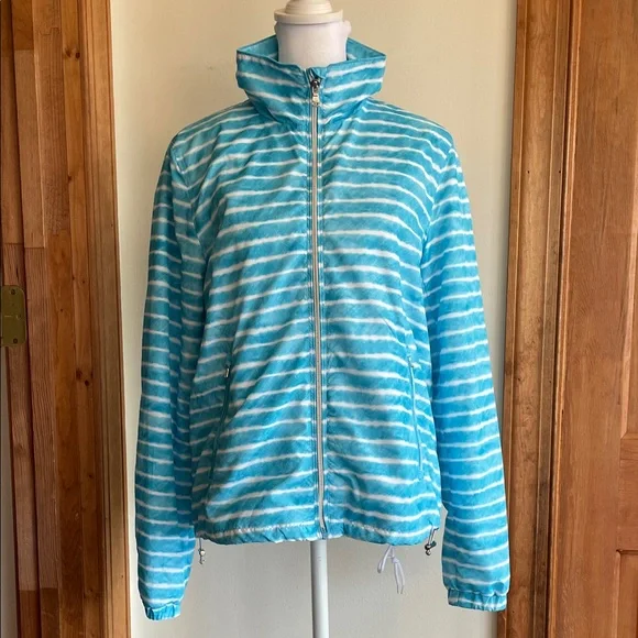 LAUREN RALPH LAUREN Womens Active Zip Aqua White Striped Nylon Active Jacket M