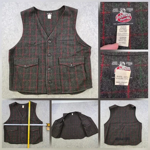 Johnson Woolen Mills Vest Mens XL? Gray Plaid Wool Adirondack PLD USA Hunting