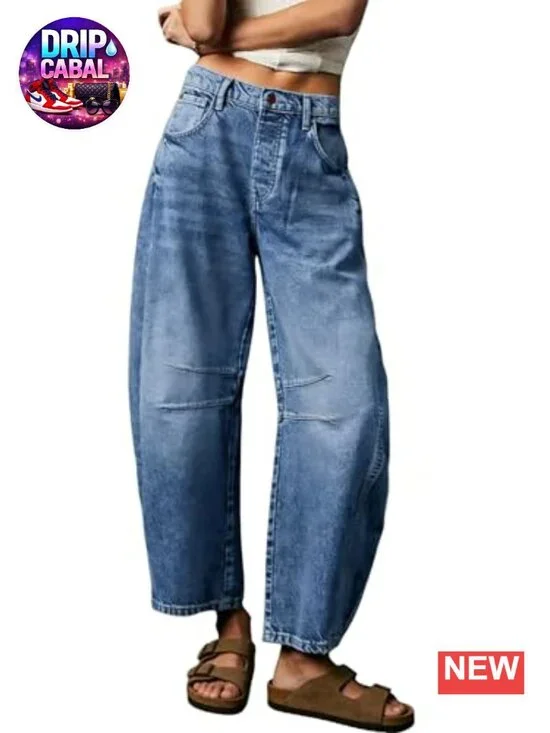 Women's Wide Leg Barrel Jeans Mid Rise Baggy Y2K Denim with Pockets