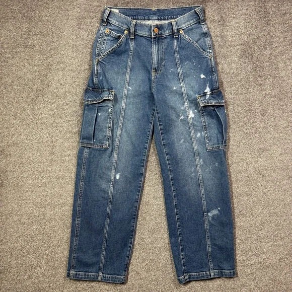 Gap Jeans 90s Loose Cargo Mid Rise‎ Petite 25/0P Medium Wash Paint Splatter