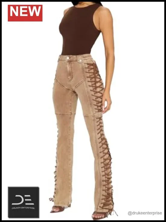 High Waisted Straight Leg Lace Up Jeans with Bow Tie Details