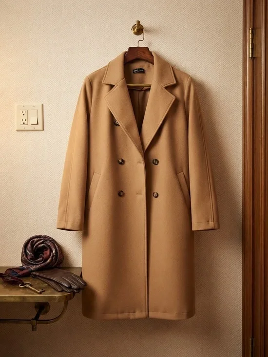 SHEIN Men's Double-Breasted Camel Pea Coat