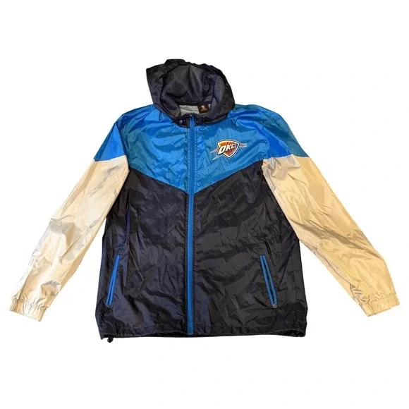 NBA‎ Oklahoma City Thunder Windbreaker Mens Medium Blue Silver Hooded Zip