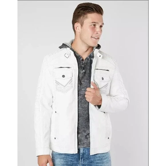 Buckle Black Mens White Faux Leather Full Zip Y2K Hoodie Jacket Combo Sz‎ L Edgy