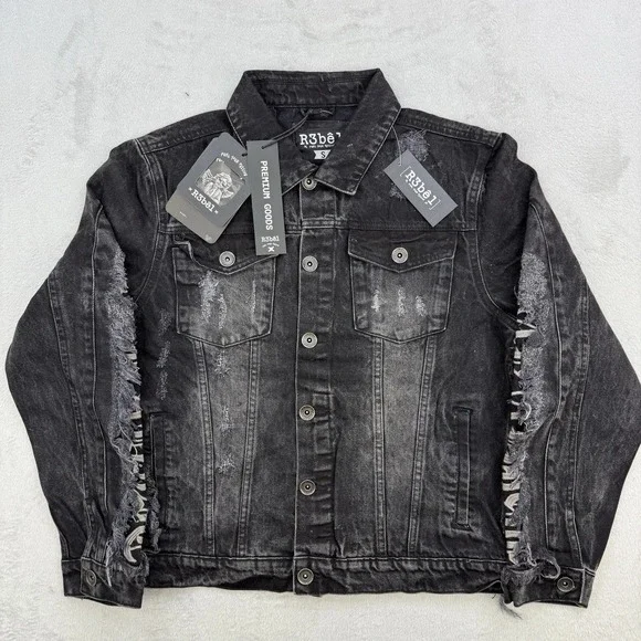 R3bel Jacket Mens‎ Small Denim Black Distressed Stay High Paradise Streetwear