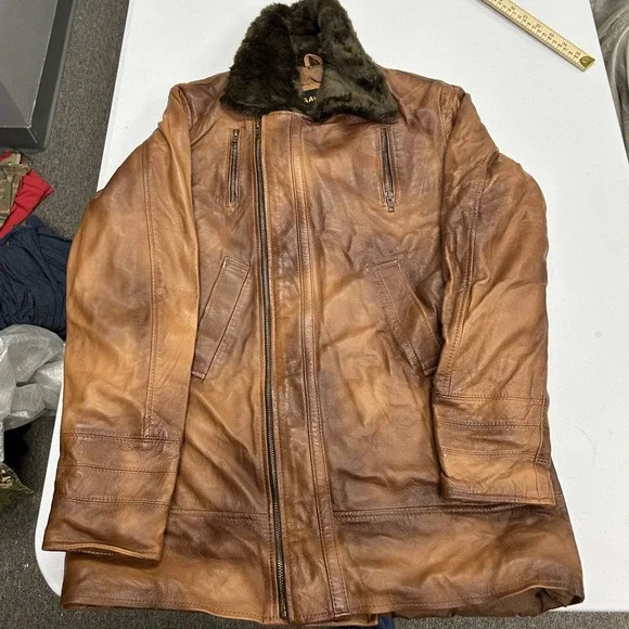 Haawkers Leather Jacket Mens XL Brown Faux Fur Collar Distressed Full Grain G1