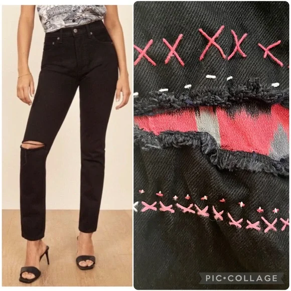 Reformation SAMPLE Julia High Cigarette Jeans Black Destroyed with Knee Patch