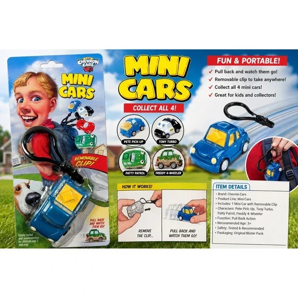 Vintage 2000 Chevron Cars‎ Mini Cars Tony Turbo Blue Pull Back Toy Clip Keychain