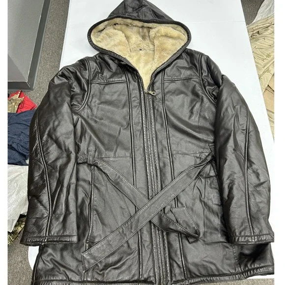 Unbranded Leather Parka Jacket Mens Large Brown Faux Fur Lined Hooded Belted