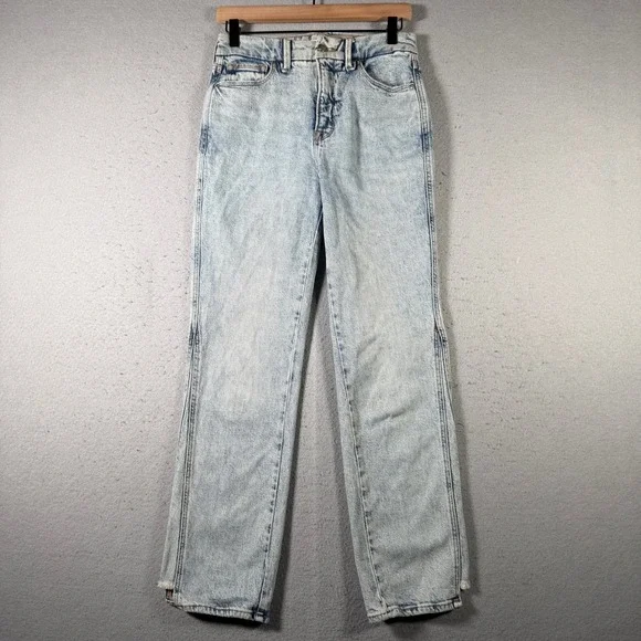Good American Good Curve Straight Step‎ Insert Outseam Acid Wash Jeans 2/26 Blue