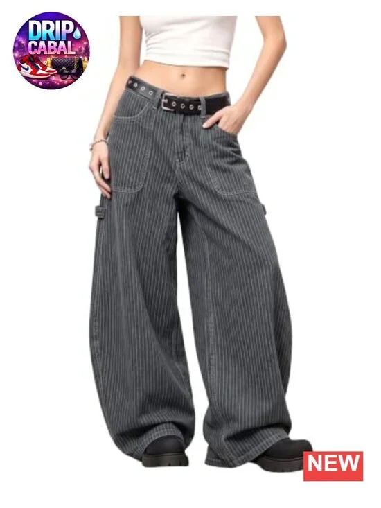 Baggy Barrel Jeans Striped High Waisted Wide Leg Denim Pants Women