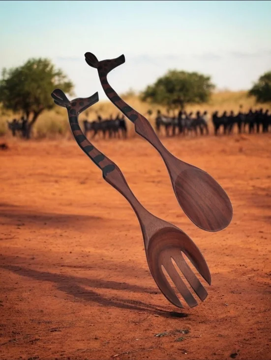 African Theme Carved Giraffe Salad Servers Vintage Utensils Safari Hand Painted