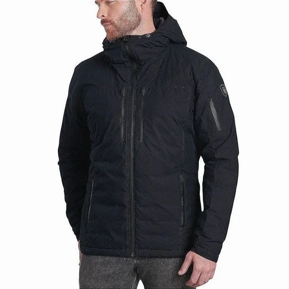 Kuhl Wyldefire Hoody Jacket Mens Medium Black Raven Down Waxed Canvas Puffer