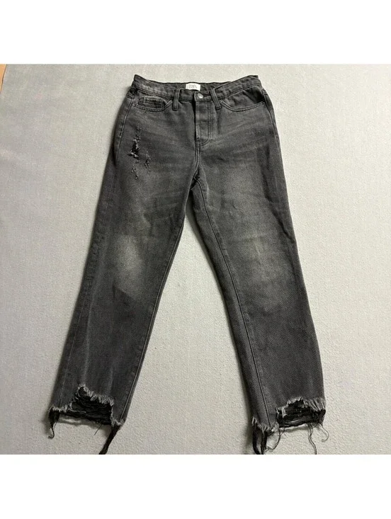 Simple Society Distressed Jeans Womens 5/27 Black High Rise Raw Frayed Hem Crop