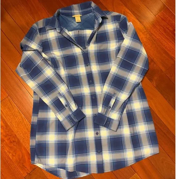 Duluth Trading Plaid Button Down L Blue Cream Stretch Casual Workwear Outdoors