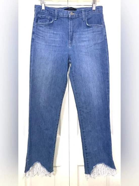J Brand Ruby High Rise Crop Cigarette Jeans Lace Hem Blue Size 29