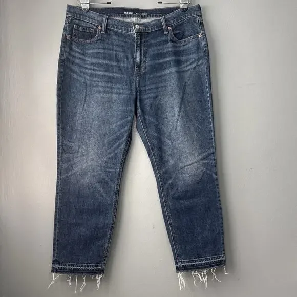 Old Navy Jeans Size 14 Mr Boyfriend Midrise Blue Stretch Denim Cropped Raw Hem