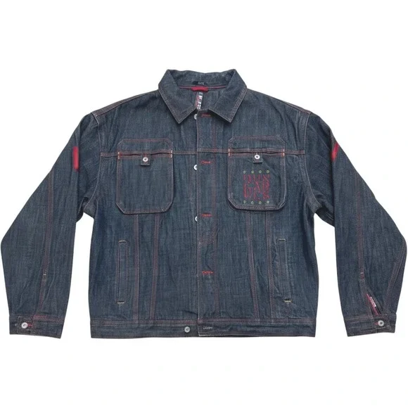 Y2K Esco Dungarees Mens Indigo Denim Jacket XXL Red Contrast Stitch Embroidered