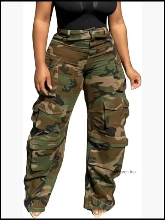 Baggy Cargo Jeans Wide Leg High Waisted Denim Pants Plus Size Camouflage Jean