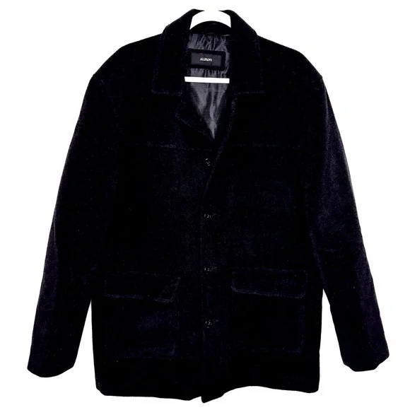 Alfani Pea Coat Men L Black Wool Cashmere Blend 4 Button‎ Quilted Lining