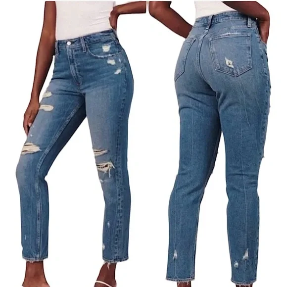 Abercrombie & Fitch Curve Love High Rise Distressed Straight‎ Leg Mom Jean.