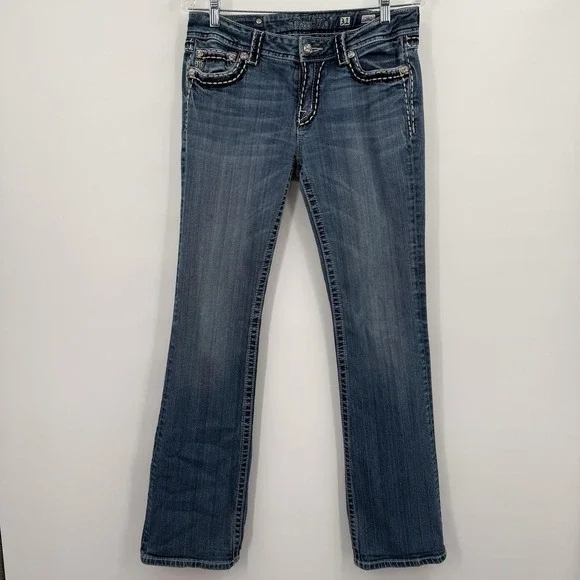 Miss Me Jeans Womens 31 Blue Bootcut Embroidered Distressed Stretch Mid‎ Rise