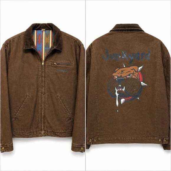 Vintage Dickies Detroit Jacket‎ Aztec-Lined Men L/XL Junkyard Dog Graphic Brown