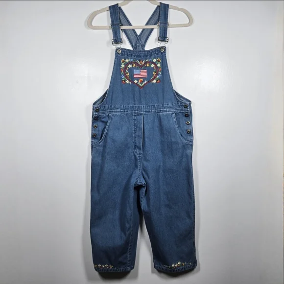 Vintage 90s Donna Ricco Floral Flag 4th Of July Cropped Jean Overalls Medium
