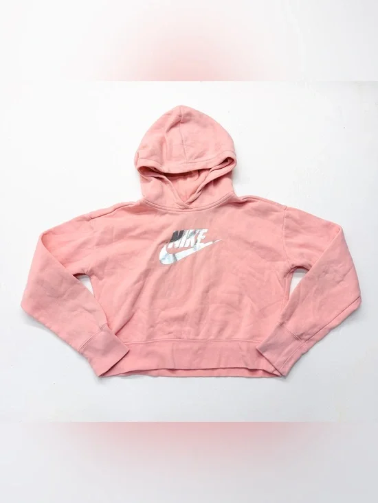 Nike Pink Cropped Hooded Pullover Sweatshirt Hoodie Foil Logo