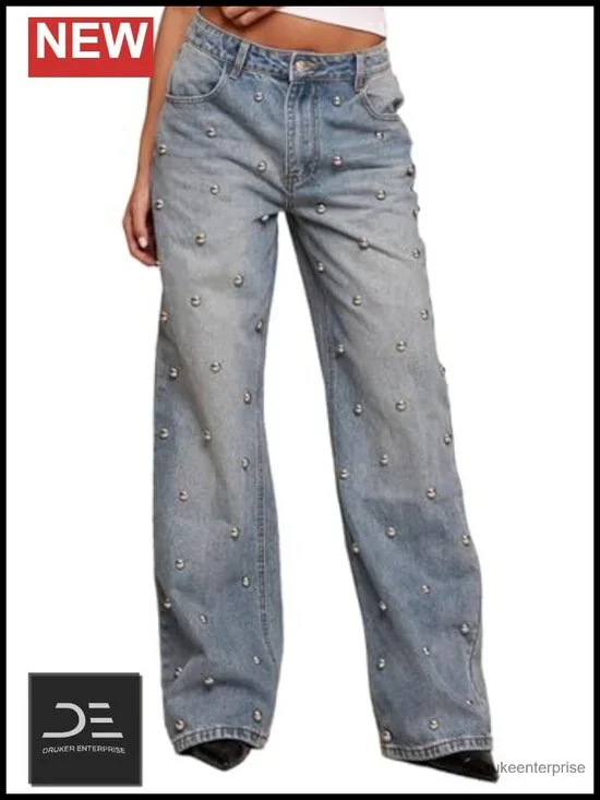 Women Sparkly Wide Leg Glitter Jeans High Waist Dome Stud Pants