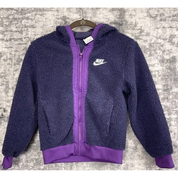 Nike Sherpa Fleece Jacket Child Small Purple Full Zip Hoodie‎ Warm Winter Coat