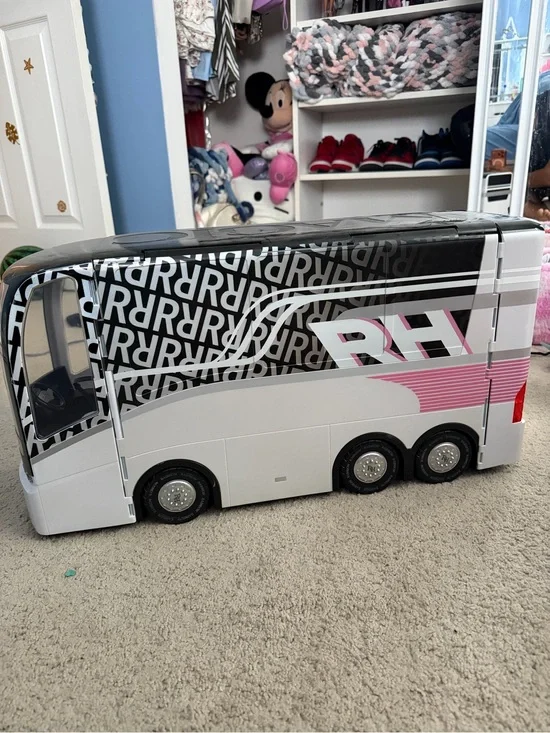 RH-Branded Kids Toy Tour Bus in White, Black & Pink