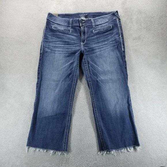 Ariat Jeans Womens 22WR Blue Trouser Wide Leg Crop‎ Raw Hem Stretch Distressed