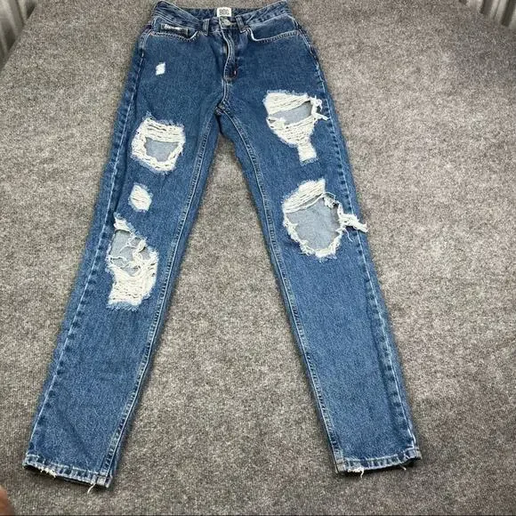 BDG Jeans Womens Size 25 Blue Distressed High Rise Mom Denim Straight Leg Good