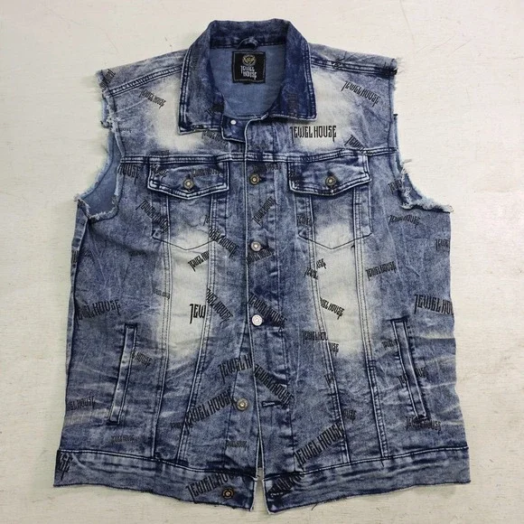 Jewel‎ House AOP Logo Jean Jacket Distressed Wash Denim Button Vest Men's XL