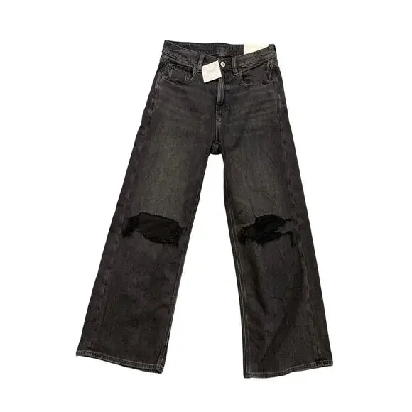 American Eagle Jeans Women 2 Short Black Slash Dreamy Drape High Rise Baggy Wide