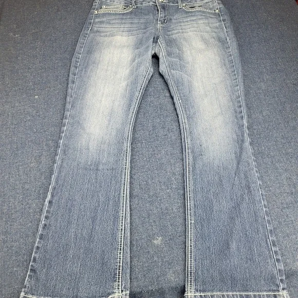 Mudd Womens Sz 15 Blue Rhinestone Cross Embroidered Flare Jeans Y2K Flap pockets